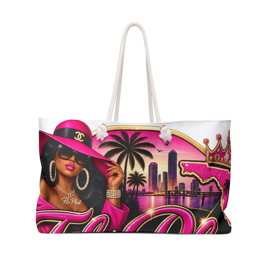 FloPhat Fashion Fashion-Forward Weekender Bag — Pink Miami Palm Skyline Design